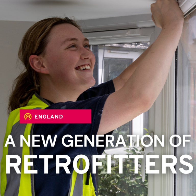 Asset with a woman draught proofing a window with text stating 'A new generation of Retrofitters'