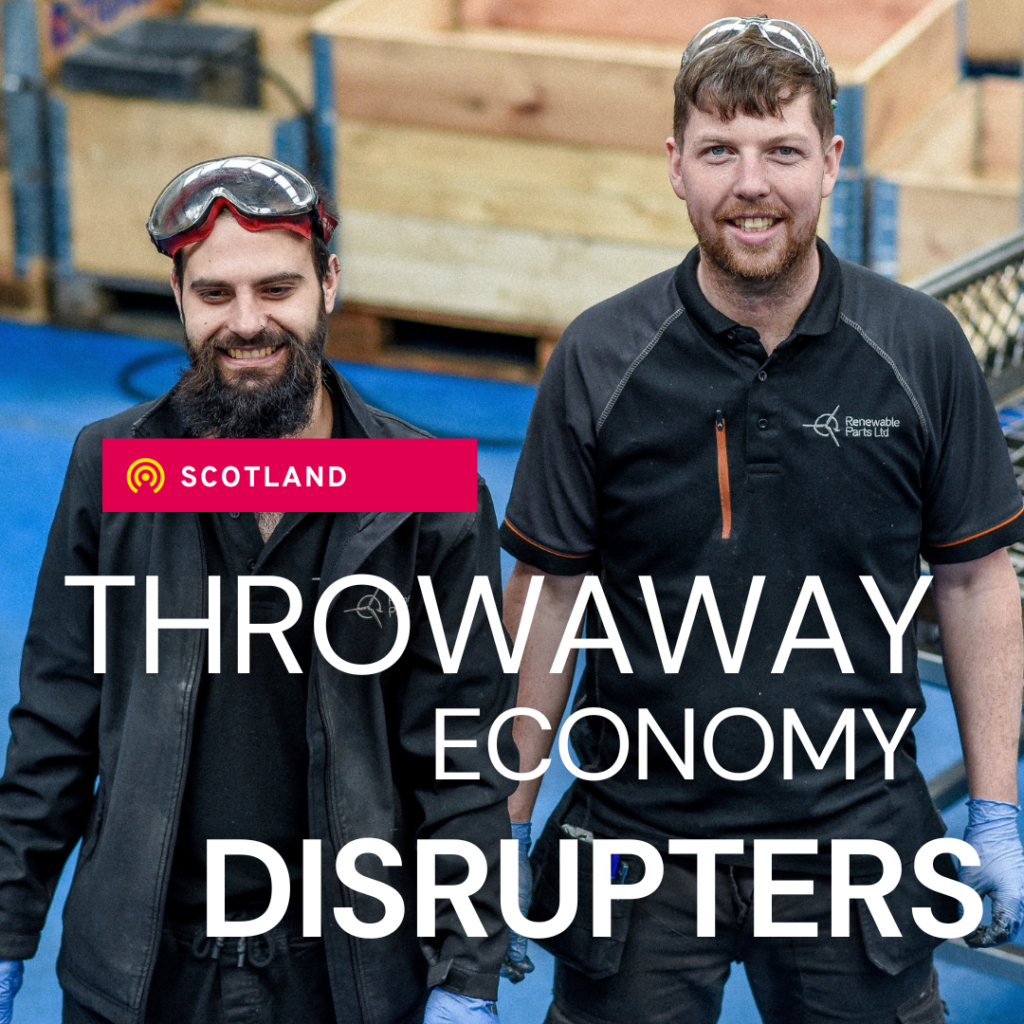 Asset with two men in the background with text stating 'Throwaway Economy Disrupters'
