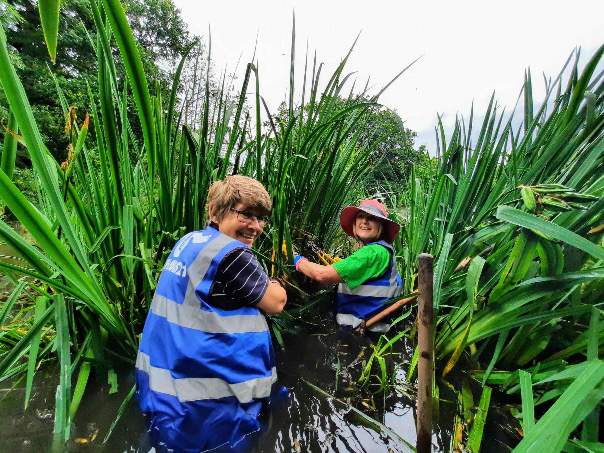 Two female volunteers in high-vis vests kneel in a wetland, managing vegetation.