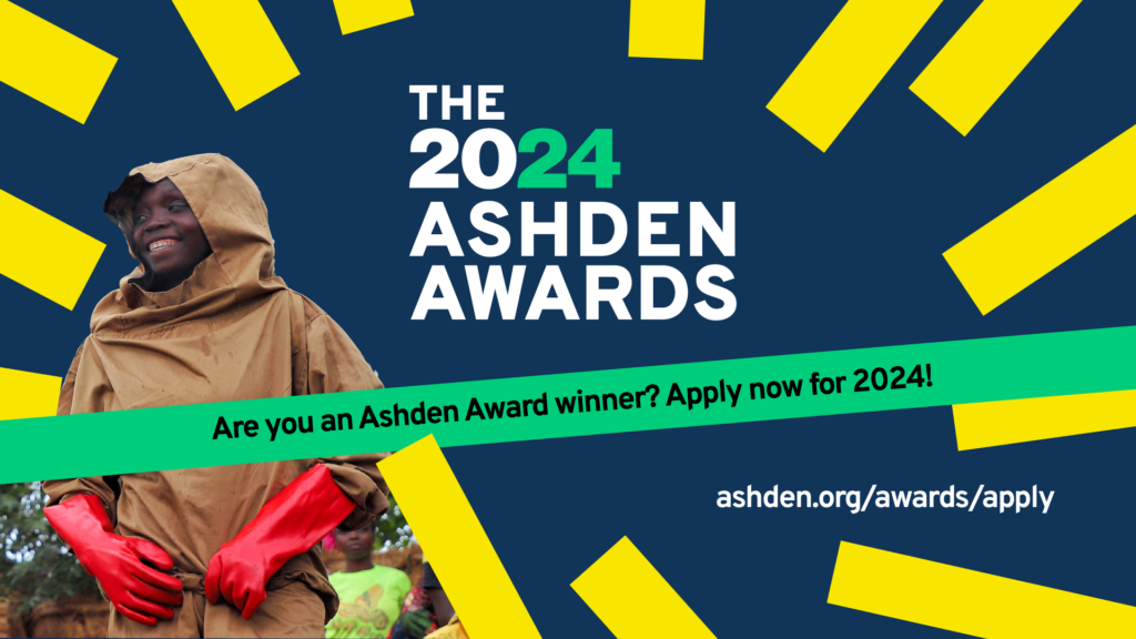 Dark blue and yellow graphic with 2024 Ashden Awards logo