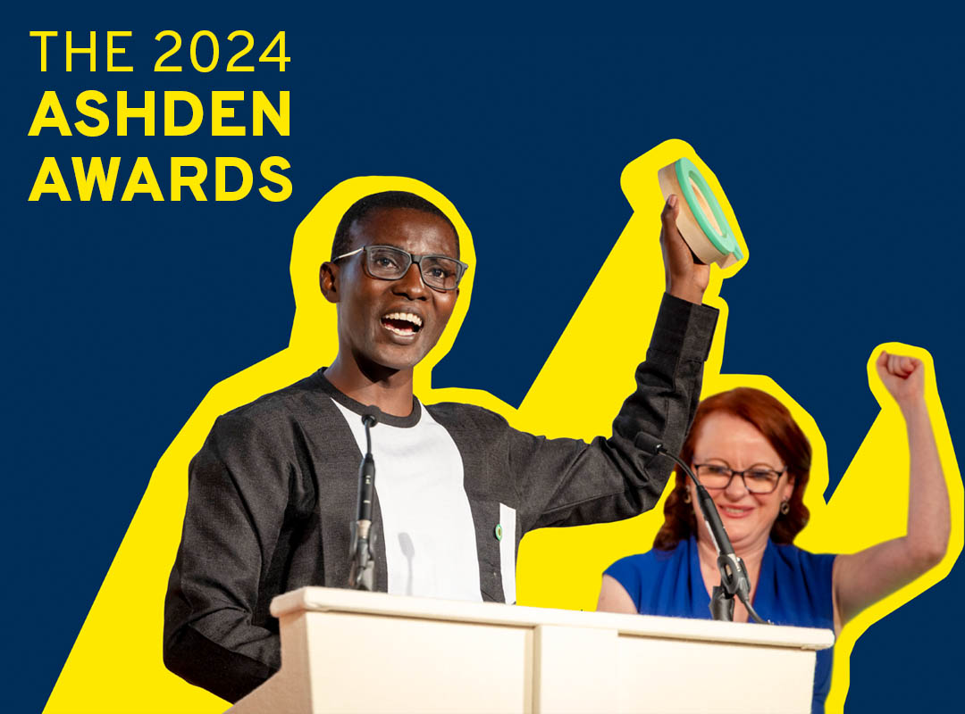 Text reads: The 2024 Ashden Awards. The image shows a past winner thrusting their award into the air in celebration.
