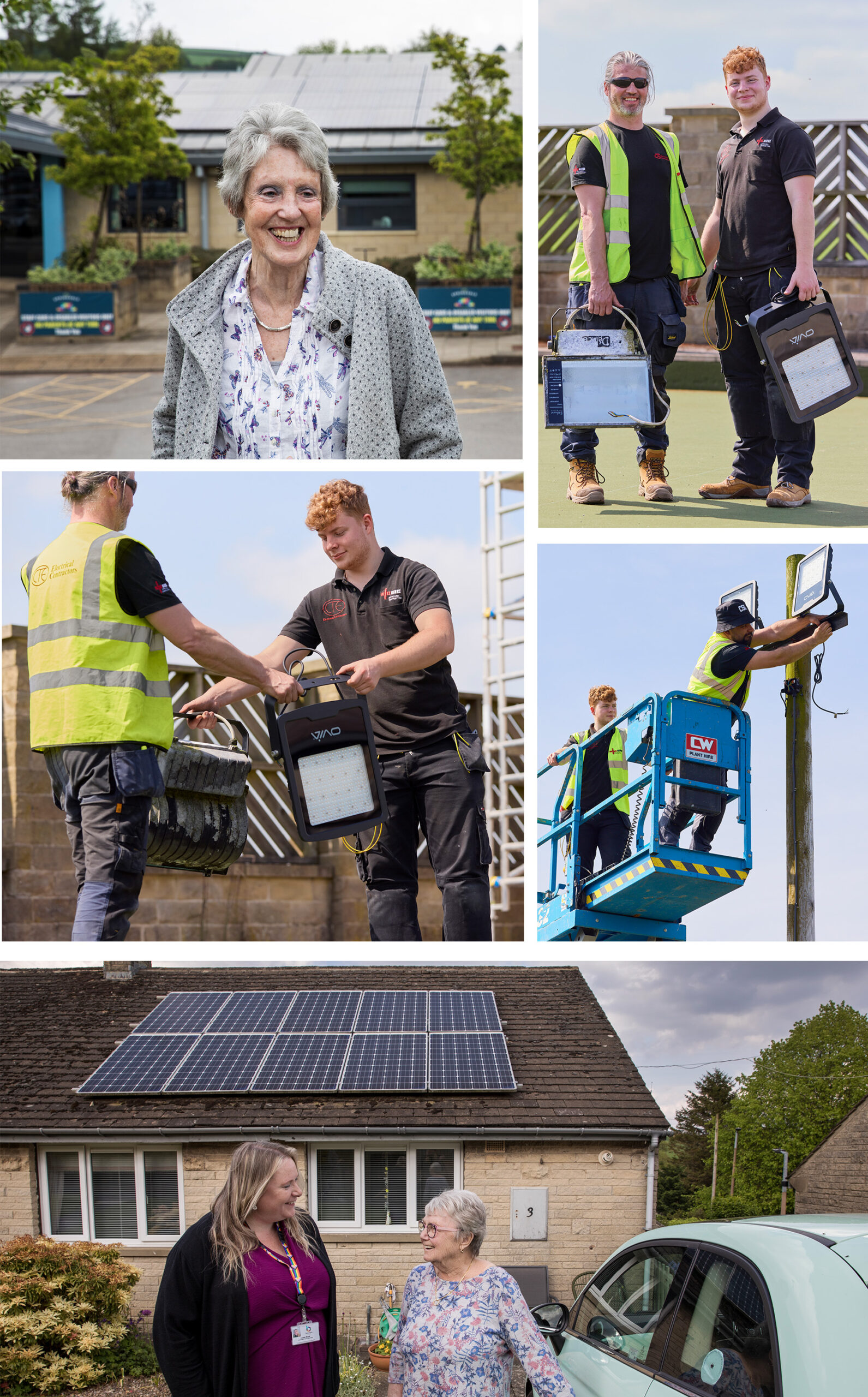 Collection of photos of the 2024 Ashden Award winner Energise Barnsley. Starting from the top left is a lady smiling at the camera with solar panels behind her. Two men holding batteries smiling at the camera. A man replacing tungsten lights with LED lights. Two men replacing tungsten lights with LED lights. Two women talking to one another outside a home with solar panels on the roof.