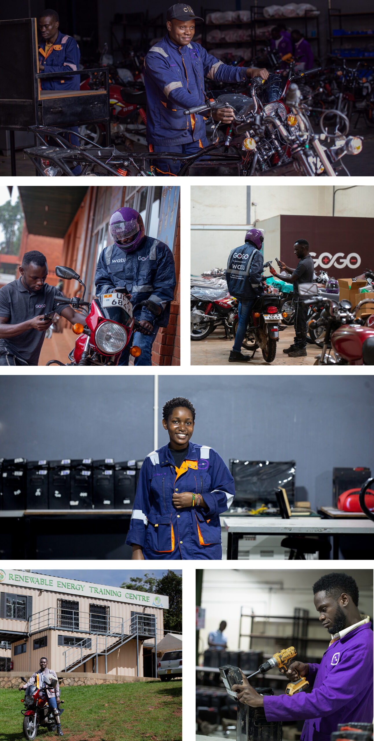 Collection of photos of the 2024 Ashden Award winner GoGo Electric. Starting at the top a man is holding an electric bike. Below on the left-hand side are two men working on a motorcycle. On the right-hand side is a GoGo electric driving swapping a battery. Below is a woman smiling at the camera. Below on the left-hand side is a man sitting on his electric bike outside a building. On the right-hand side is a worker maintaining a battery with a drill.