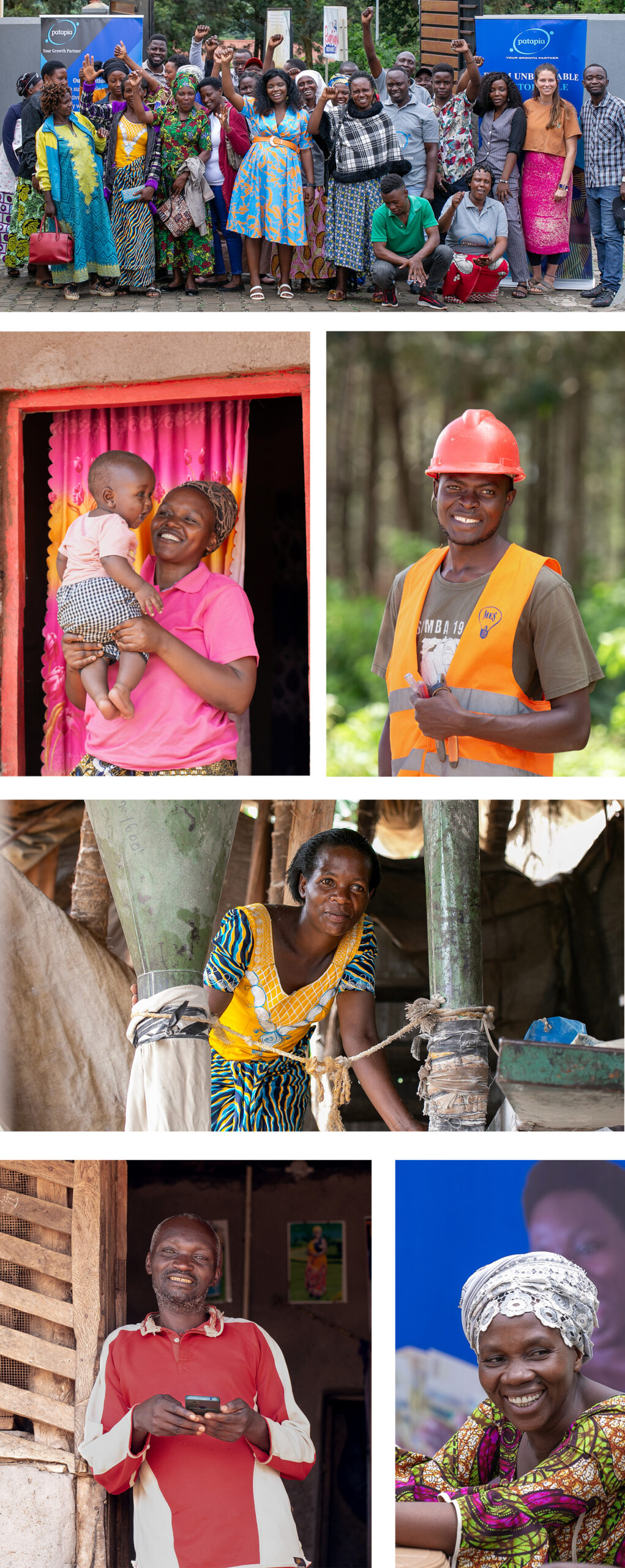 Collection of photos of 2024 Ashden Award winner Patapia. At the top is a group partcipants after a training. Below on the left-hand side is a mother and her baby outside her home. On the right is an electrician smiling at the camera. Below is a women in her place of work. Below that on the left hand-side is a man outside his shop. On the right-hand side is a women smiling.