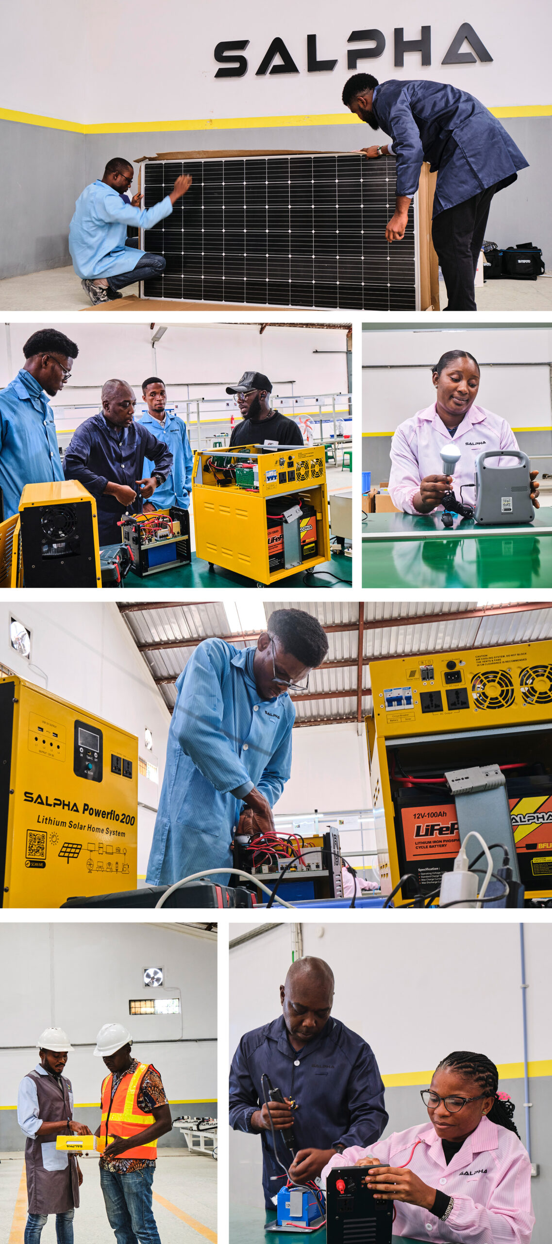 Collection of photos of the 2024 Ashden Award winner Salpha Energy. At the top is two workers opening a solar panel. Below on the left-hand side is a group of males talking about batteries. On the right-hand side is a woman testing a battery. Below is a man working on a solar battery. Below on the left-hand side are two men looking at a solar battery. On the right-hand side is a woman working on a battery with a man next to her. 