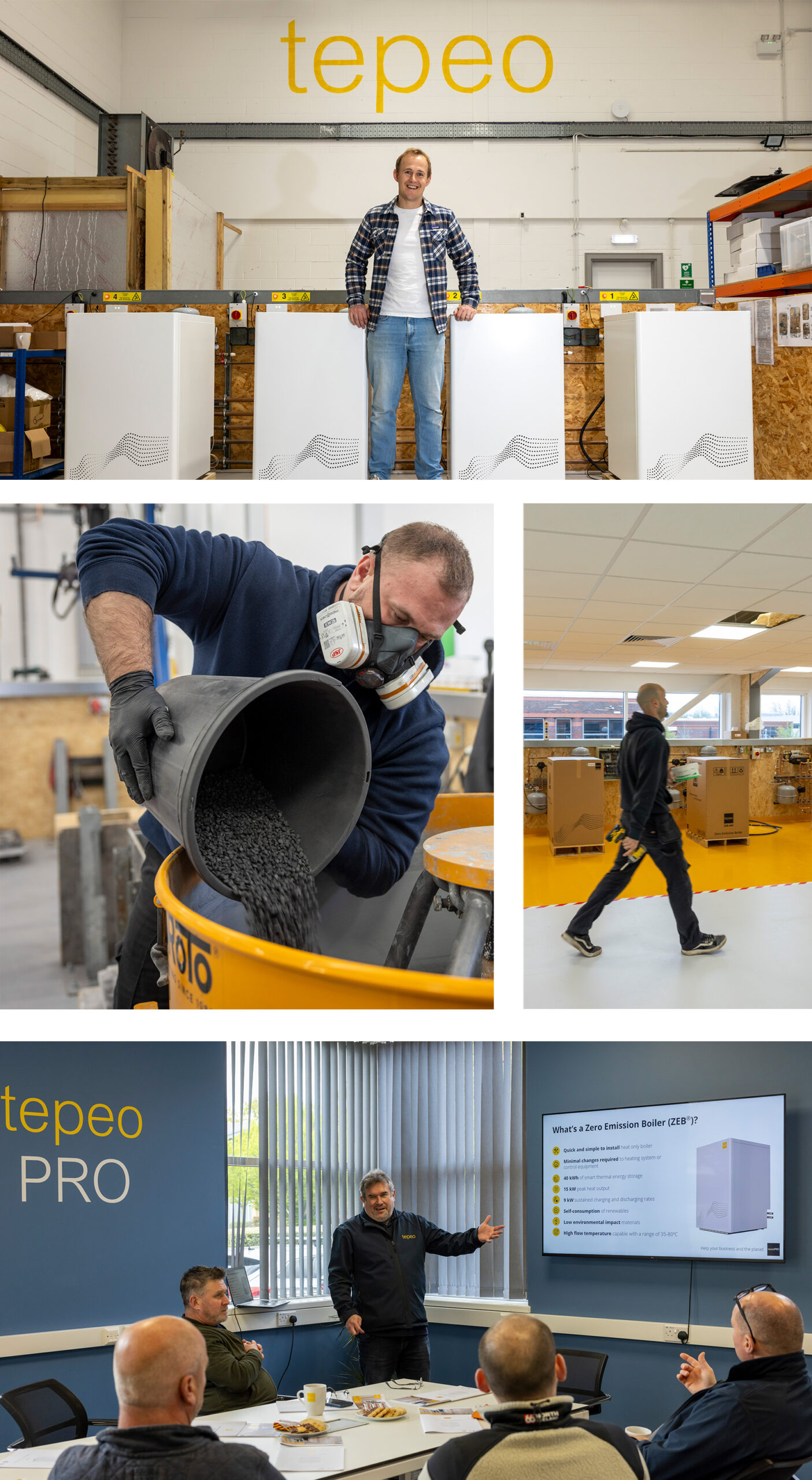 Collection of photos of the 2024 Ashden Award winner tepeo. At the top is the CEO with 4 ZEBs. Below is a man pouring a substance into a mixer. On the right hand-side is a man walking across the testing centre. Below is a group of engineers learning how to install the ZEB into homes. 